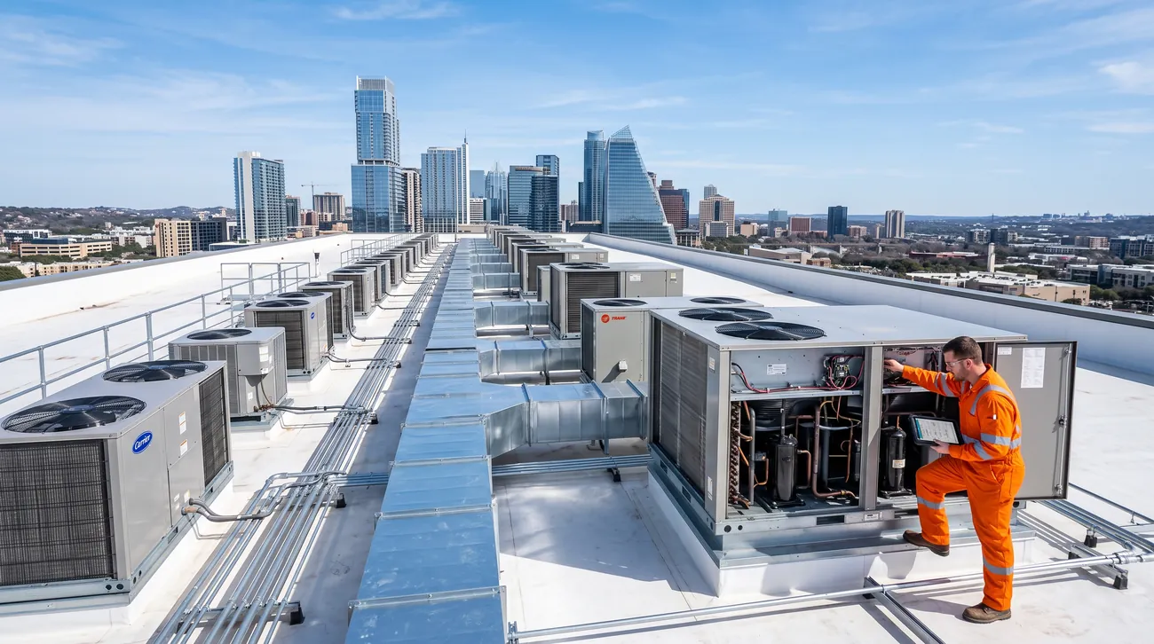 Commercial rooftop HVAC units being serviced