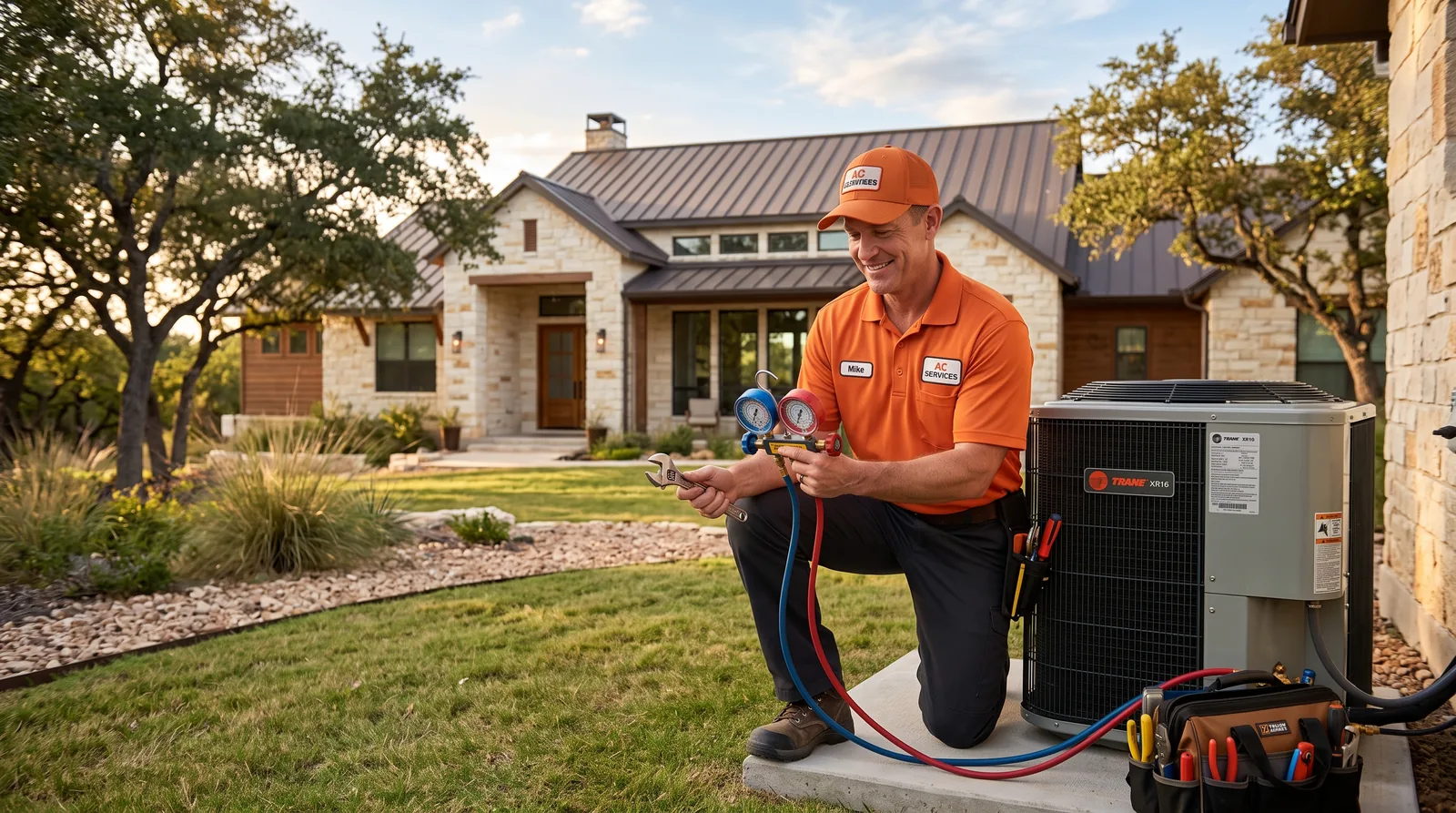 Your Man HVAC technician servicing an air conditioner at a Texas Hill Country home